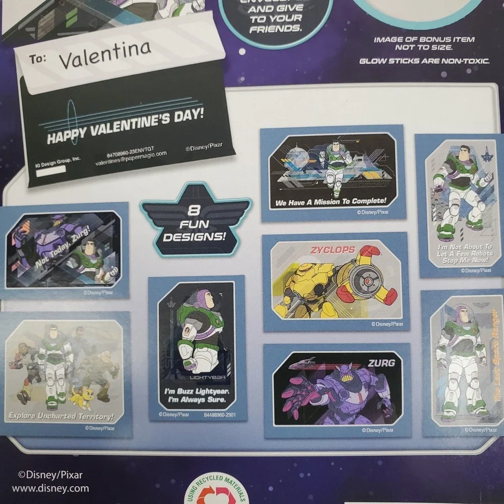 Lot Of 2 Disney Buzz Lightyear 16ct Valentine's Day Classroom Cards  Glow Sticks